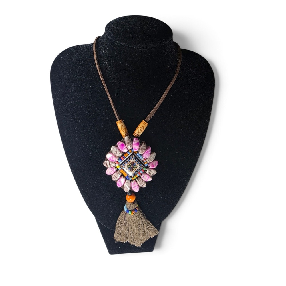 Vintage Tribal Native American Boho Genuine Leather Necklace Adjustable Tie 30in